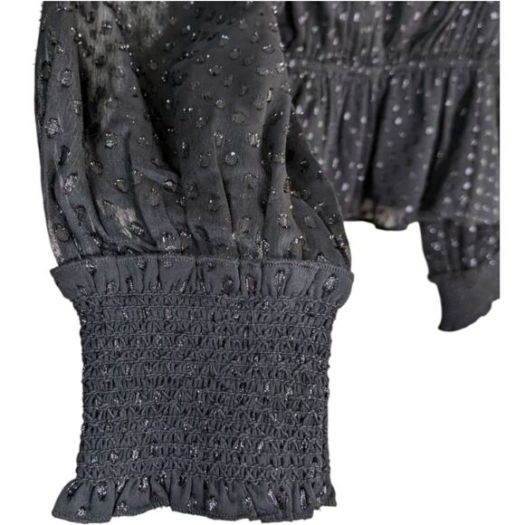 Ash & Eden Swiss Dot Top 4 Black Faux Wrap Peplum Smocked Sheer L/S Shimmer - Picture 5 of 9
